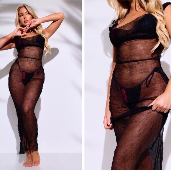 PrettyLittleThing Black Mesh Cowl Neck Maxi Dress Size US 0 NWT – Beach Cover-Up - Picture 2 of 6